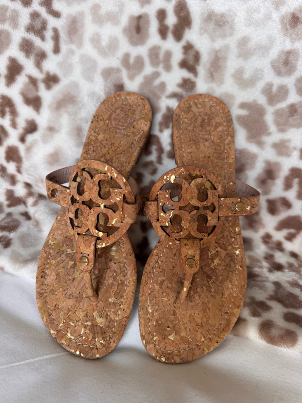 Tory Burch Cork Sandal with Gold Fleck Logo Medallion - Brown/Gold